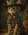 GRID THUMBNAIL — Anthropomorphic tabby cat wearing a wide-brimmed teal hat, red scarf and leather adventurer gear, seated against ancient stone ruins in warm firelit tones.