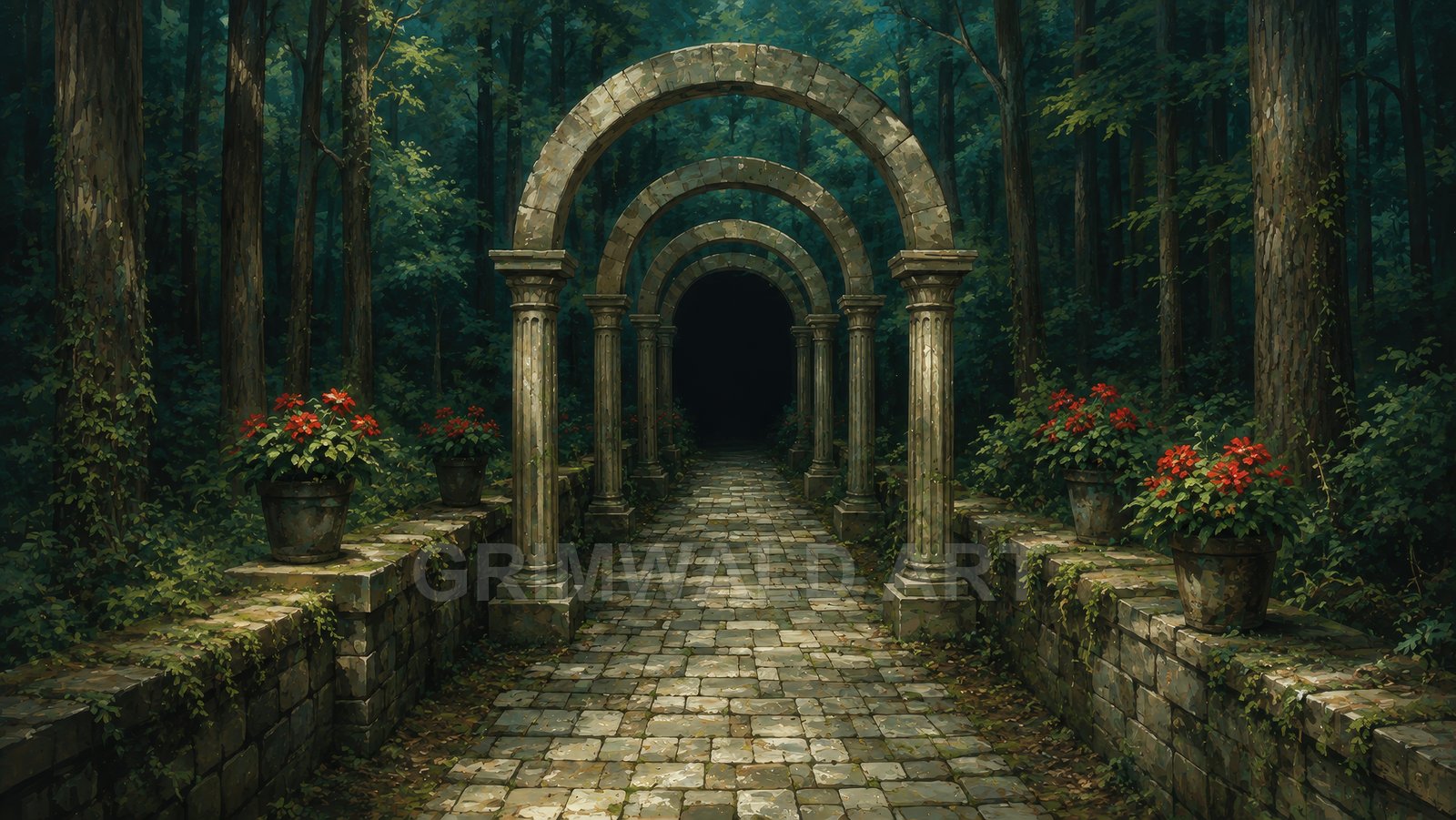 Weathered stone arches line a cobblestone path through a dense forest, with potted red flowers and dappled daylight fading into shadow.