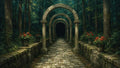 GRID THUMBNAIL — Weathered stone arches line a cobblestone path through a dense forest, with potted red flowers and dappled daylight fading into shadow.
