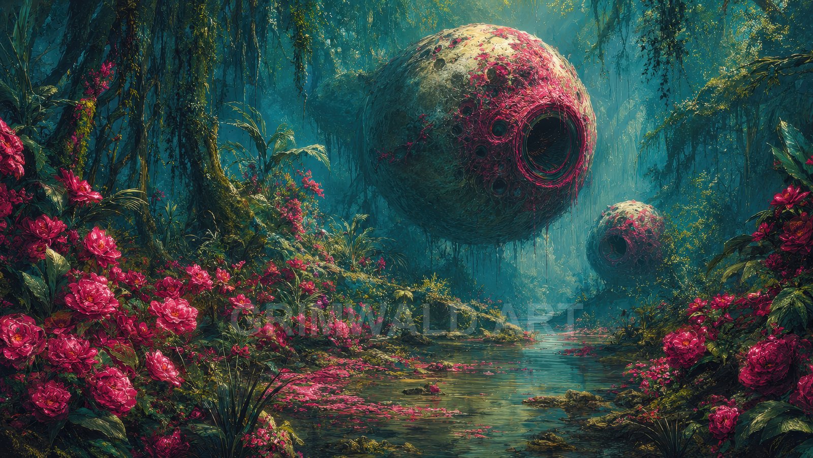 Lush teal forest with a reflective stream, vibrant pink flowers, and two large floating organic orbs with dark circular openings.