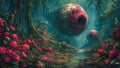 GRID THUMBNAIL — Lush teal forest with a reflective stream, vibrant pink flowers, and two large floating organic orbs with dark circular openings.