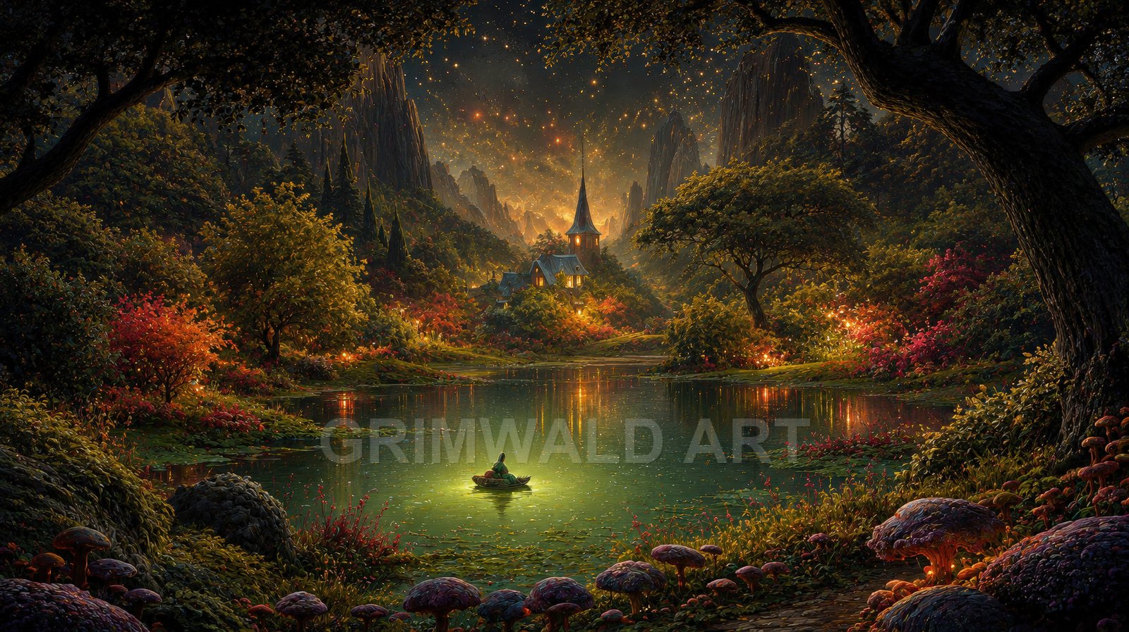 A serene fantasy lake at night with glowing fireflies, luminous mushrooms, and a spired cottage nestled among colourful trees beneath starry mountains.