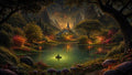 GRID THUMBNAIL — A serene fantasy lake at night with glowing fireflies, luminous mushrooms, and a spired cottage nestled among colourful trees beneath starry mountains.