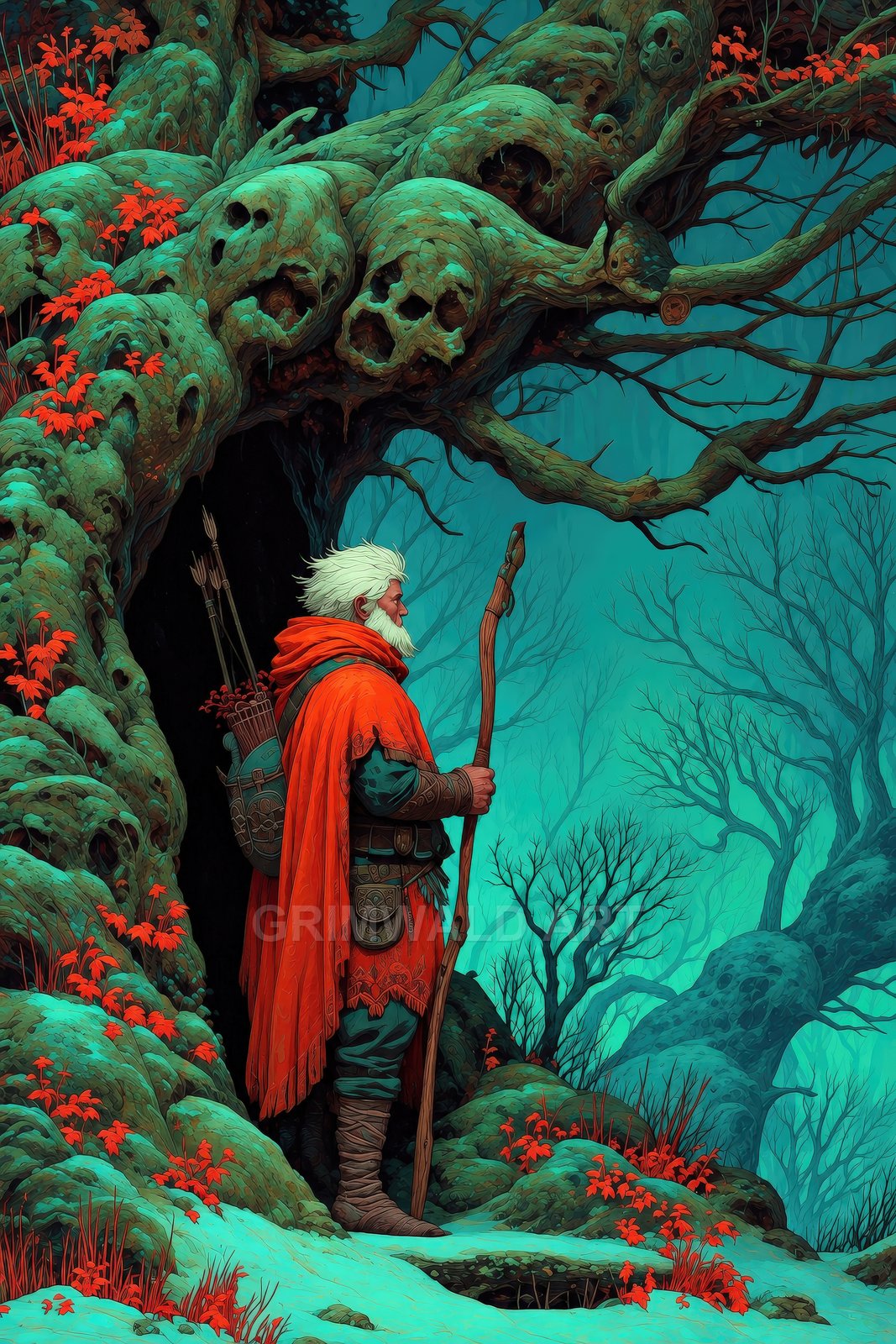 An older bearded ranger in an orange cloak stands with a staff beside a skull-like gnarled tree amid a teal, misty forest.