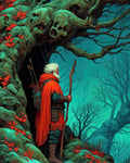 GRID THUMBNAIL — An older bearded ranger in an orange cloak stands with a staff beside a skull-like gnarled tree amid a teal, misty forest.