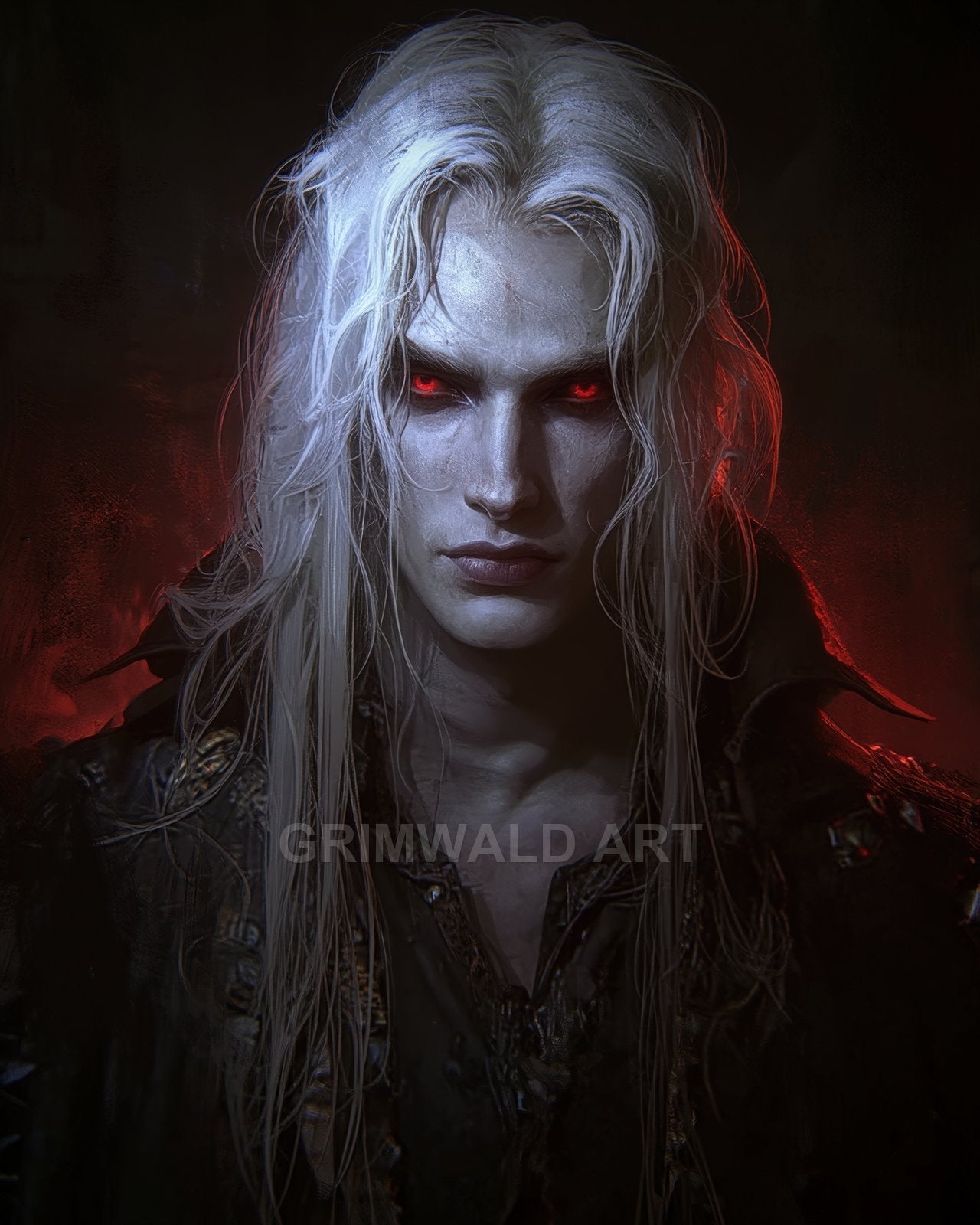 Androgynous vampire with long white hair and glowing red eyes in a dark Gothic portrait, wearing tattered leather, lit by ominous red rim light.
