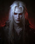 GRID THUMBNAIL — Androgynous vampire with long white hair and glowing red eyes in a dark Gothic portrait, wearing tattered leather, lit by ominous red rim light.