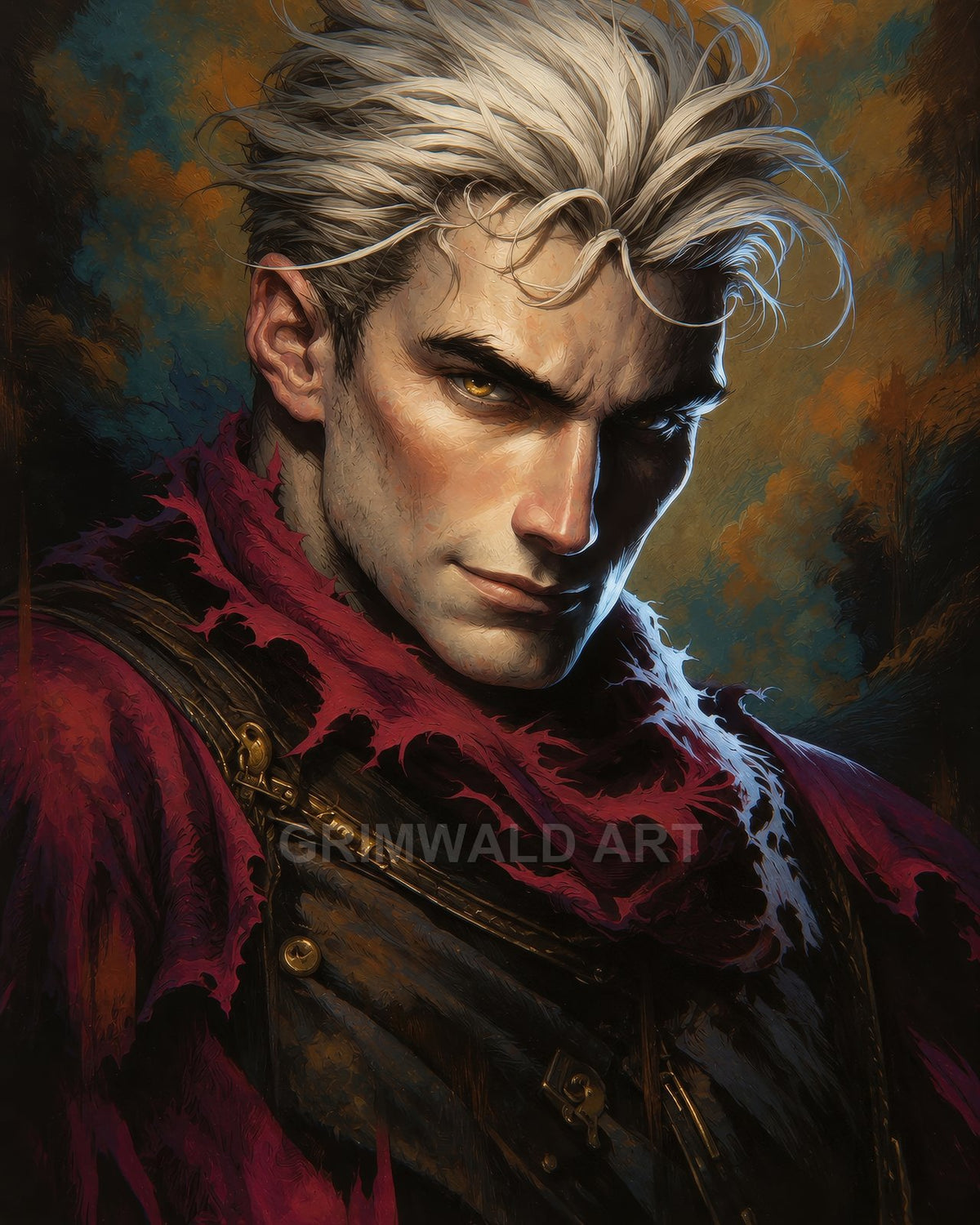 Close portrait of a white-haired man with golden eyes in dark leather armour and a torn crimson scarf, moody dark-fantasy style.