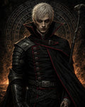 GRID THUMBNAIL — White-haired male warlock in black armour and cloak with red trim, holding a staff before a glowing runic halo and firelit darkness.