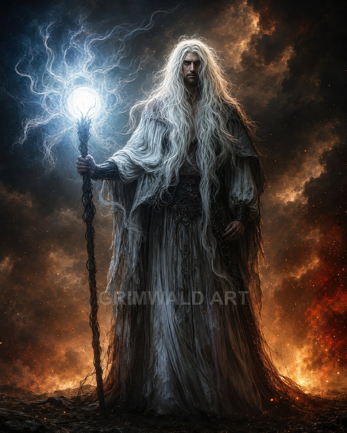 A tall, white-haired wizard in layered robes holds a crackling luminous staff, standing against swirling smoke and fiery clouds in a dark setting.
