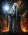 GRID THUMBNAIL — A tall, white-haired wizard in layered robes holds a crackling luminous staff, standing against swirling smoke and fiery clouds in a dark setting.