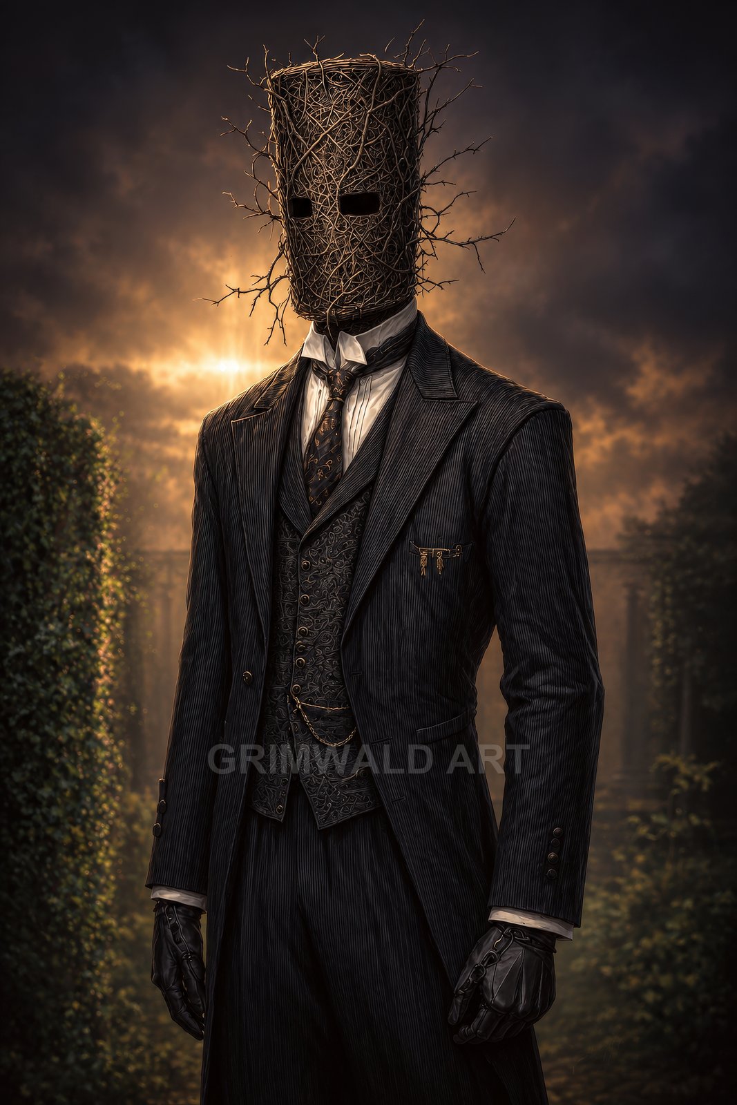 A formal suited figure wearing a cylindrical mask of tangled branches stands in a hedge-lined garden at sunset, exuding eerie, gothic mystery.
