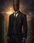GRID THUMBNAIL — A formal suited figure wearing a cylindrical mask of tangled branches stands in a hedge-lined garden at sunset, exuding eerie, gothic mystery.