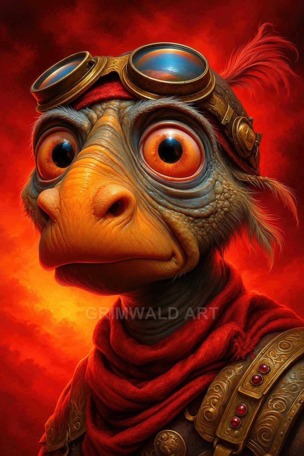 Close-up portrait of a bird-like alien wearing brass steampunk goggles, red scarf and ornate armour, set against a fiery red background.