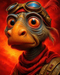 GRID THUMBNAIL — Close-up portrait of a bird-like alien wearing brass steampunk goggles, red scarf and ornate armour, set against a fiery red background.