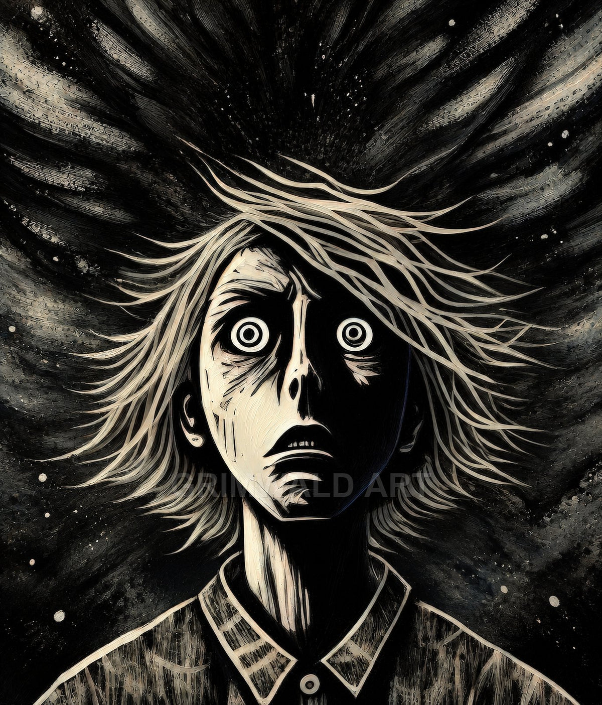 Monochrome illustration of an androgynous person with wide, staring eyes and windswept hair against a swirling, star-speckled cosmic backdrop, wearing a collared shirt.