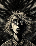 GRID THUMBNAIL — Monochrome illustration of an androgynous person with wide, staring eyes and windswept hair against a swirling, star-speckled cosmic backdrop, wearing a collared shirt.