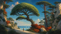 GRID THUMBNAIL — A wind-bent tree arches over a sunlit coastal path between rocky cliffs, red foliage and tall pines, overlooking a calm blue sea with sailboats.