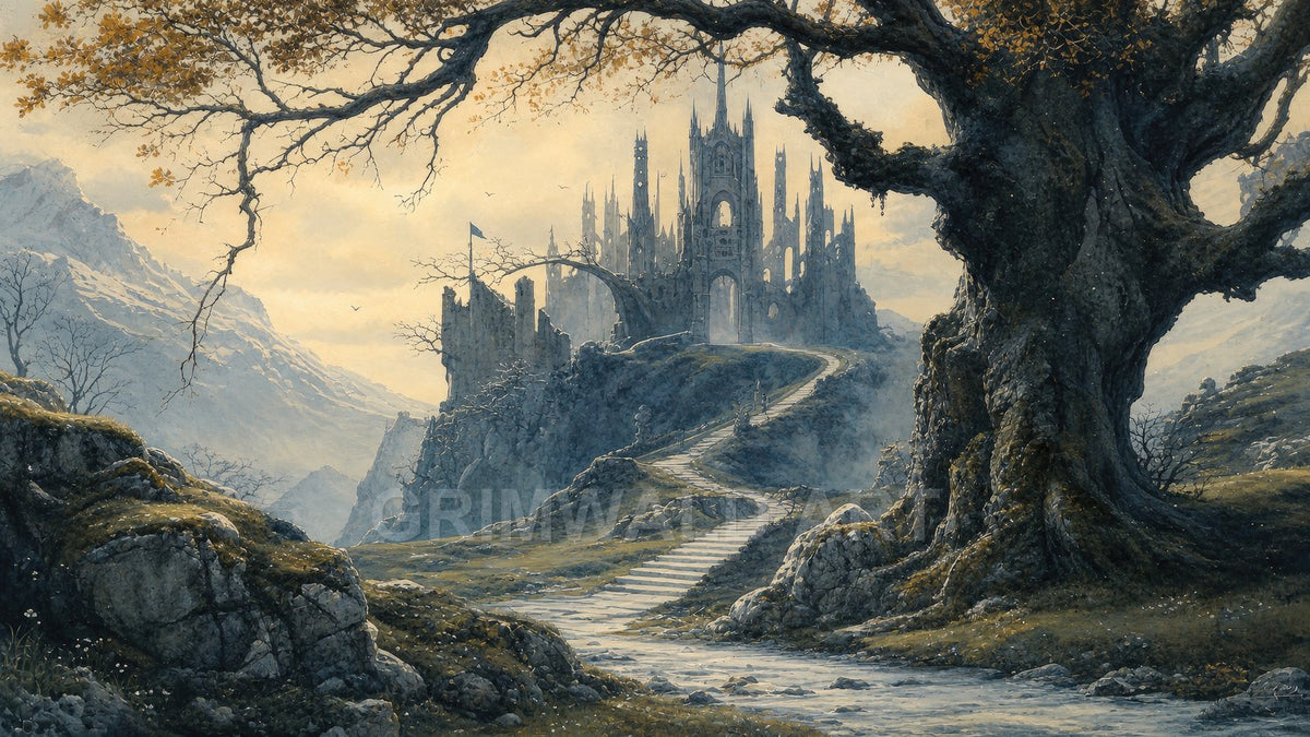 Gothic castle atop a rocky hill, reached by a winding stone path, framed by a massive ancient tree, mountains and soft golden light.