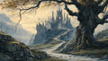 GRID THUMBNAIL — Gothic castle atop a rocky hill, reached by a winding stone path, framed by a massive ancient tree, mountains and soft golden light.