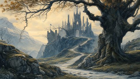 GRID THUMBNAIL — Gothic castle atop a rocky hill, reached by a winding stone path, framed by a massive ancient tree, mountains and soft golden light.