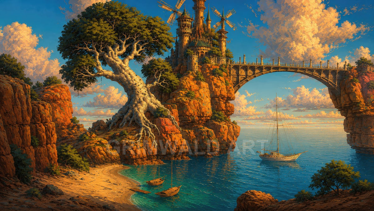 Fantasy coastline with a giant gnarled tree, cliffside castle with windmills and arched bridge, turquoise bay and sailing boats under golden-hour clouds.