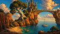 GRID THUMBNAIL — Fantasy coastline with a giant gnarled tree, cliffside castle with windmills and arched bridge, turquoise bay and sailing boats under golden-hour clouds.