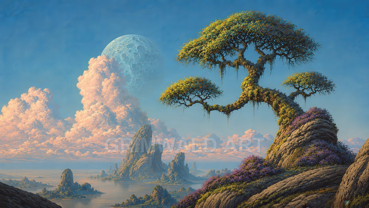 A retro fantasy seascape with a windswept tree on rocky cliffs, pastel clouds, jagged sea stacks, and a colossal moon glowing in warm light.