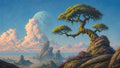 GRID THUMBNAIL — A retro fantasy seascape with a windswept tree on rocky cliffs, pastel clouds, jagged sea stacks, and a colossal moon glowing in warm light.