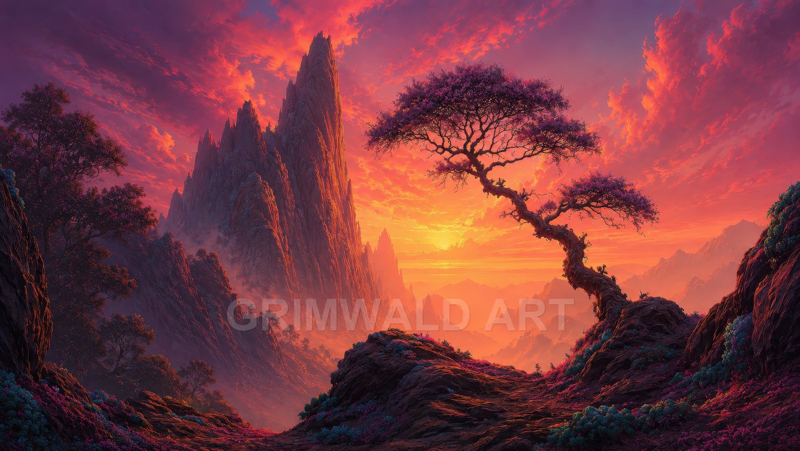 Fantasy sunset landscape with a gnarled tree on a rocky ridge, jagged mountain spires, mist-filled valley and vivid pink-orange clouds.