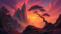 GRID THUMBNAIL — Fantasy sunset landscape with a gnarled tree on a rocky ridge, jagged mountain spires, mist-filled valley and vivid pink-orange clouds.