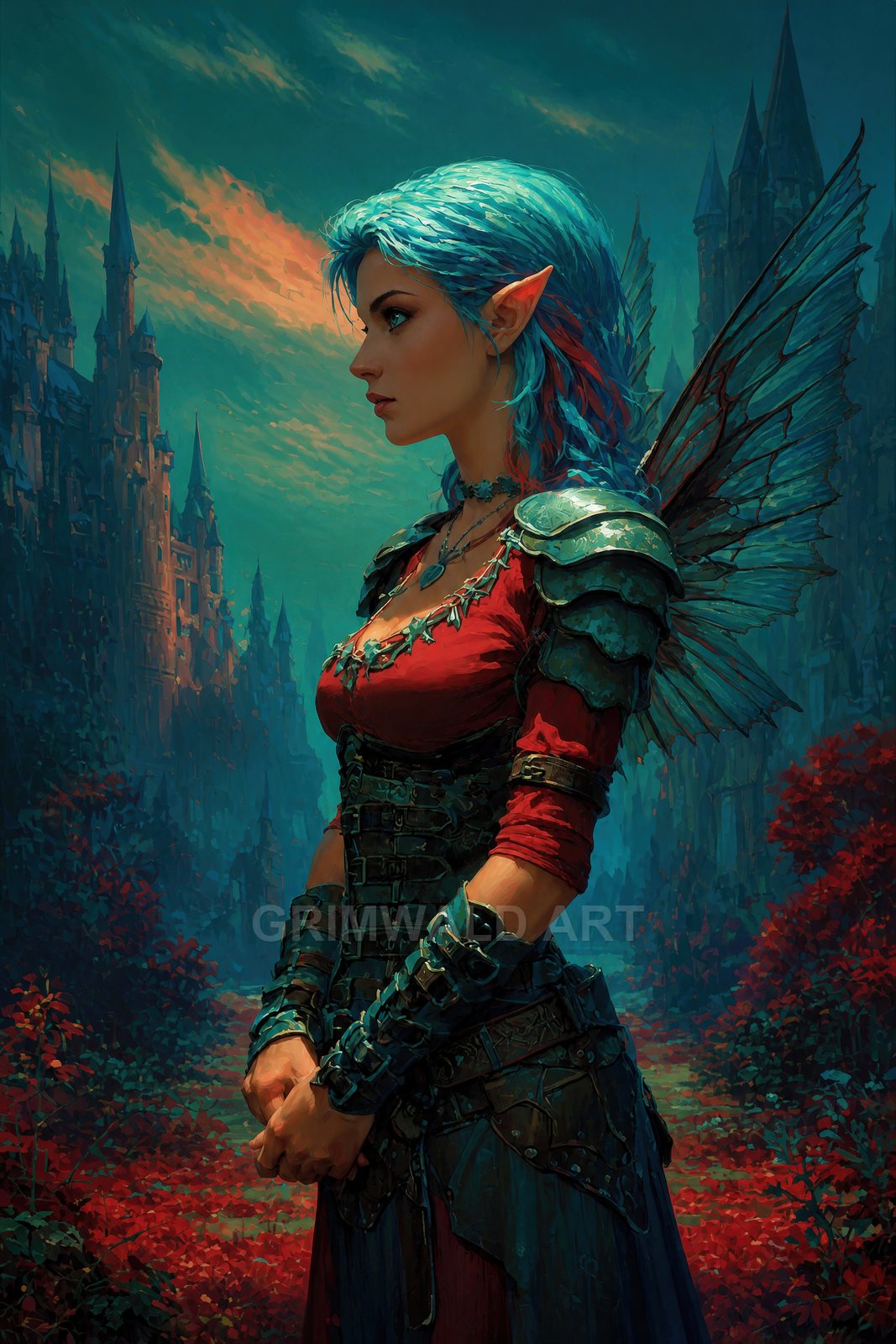 Profile of a winged fae woman with teal hair and armour standing before gothic castle towers, surrounded by red foliage under twilight sky.