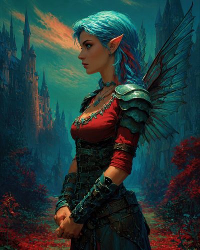 GRID THUMBNAIL — Profile of a winged fae woman with teal hair and armour standing before gothic castle towers, surrounded by red foliage under twilight sky.