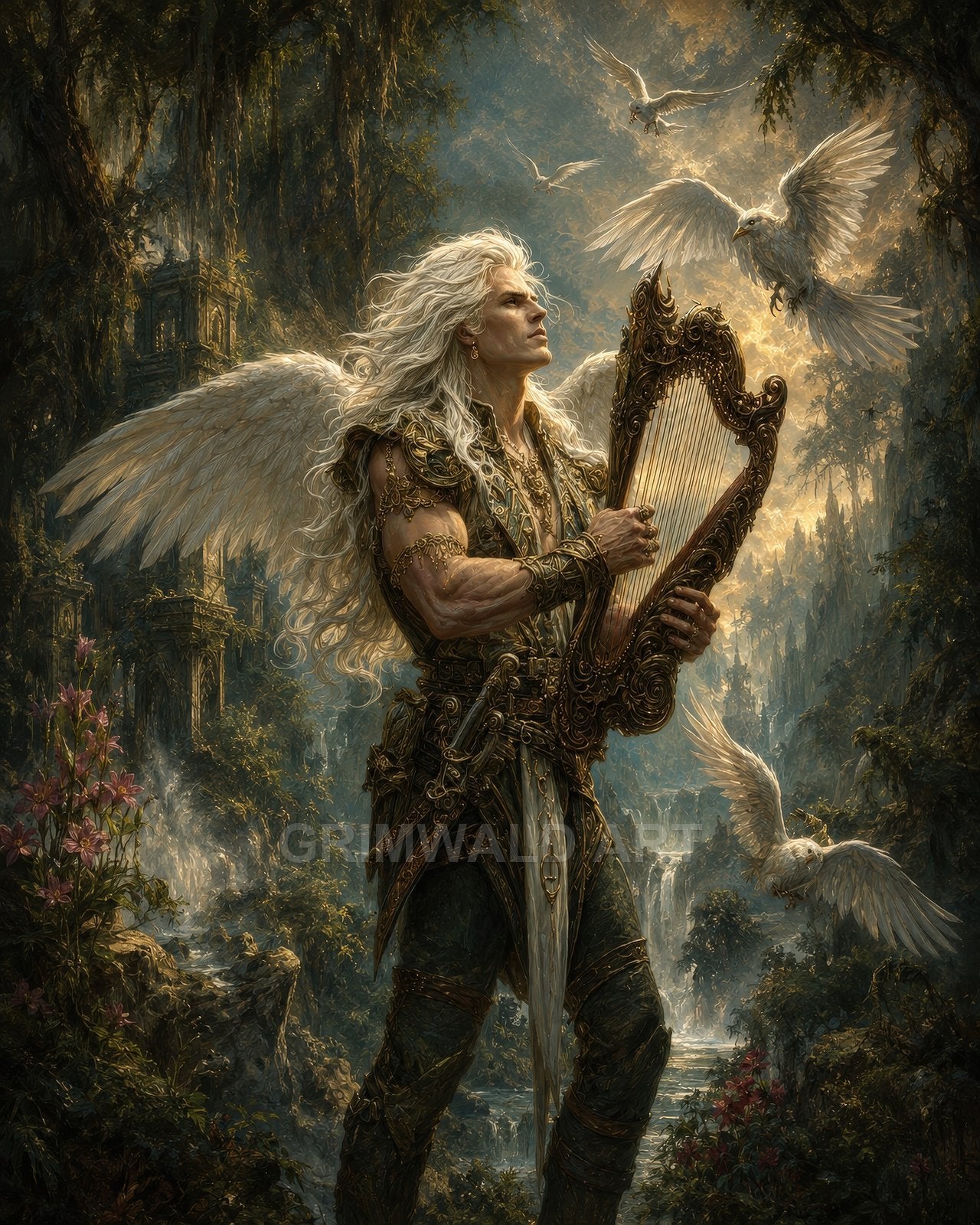 A male angelic warrior-bard with white wings plays an ornate harp in a misty forest of ruins and waterfalls, doves circling.