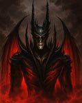 GRID THUMBNAIL — Armoured horned demon with glowing red eyes and vast bat-like wings rises from crimson smoke against a dark, storm-laden sky, frontal composition.
