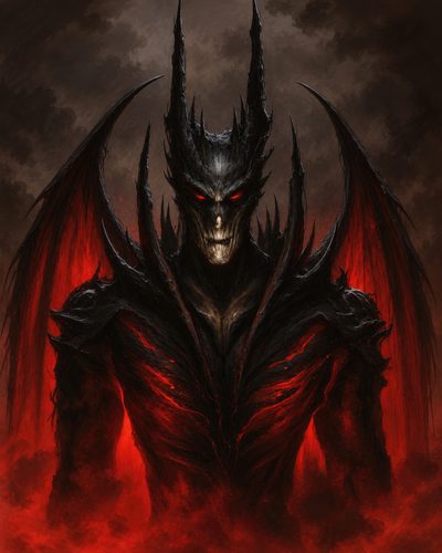 GRID THUMBNAIL — Armoured horned demon with glowing red eyes and vast bat-like wings rises from crimson smoke against a dark, storm-laden sky, frontal composition.