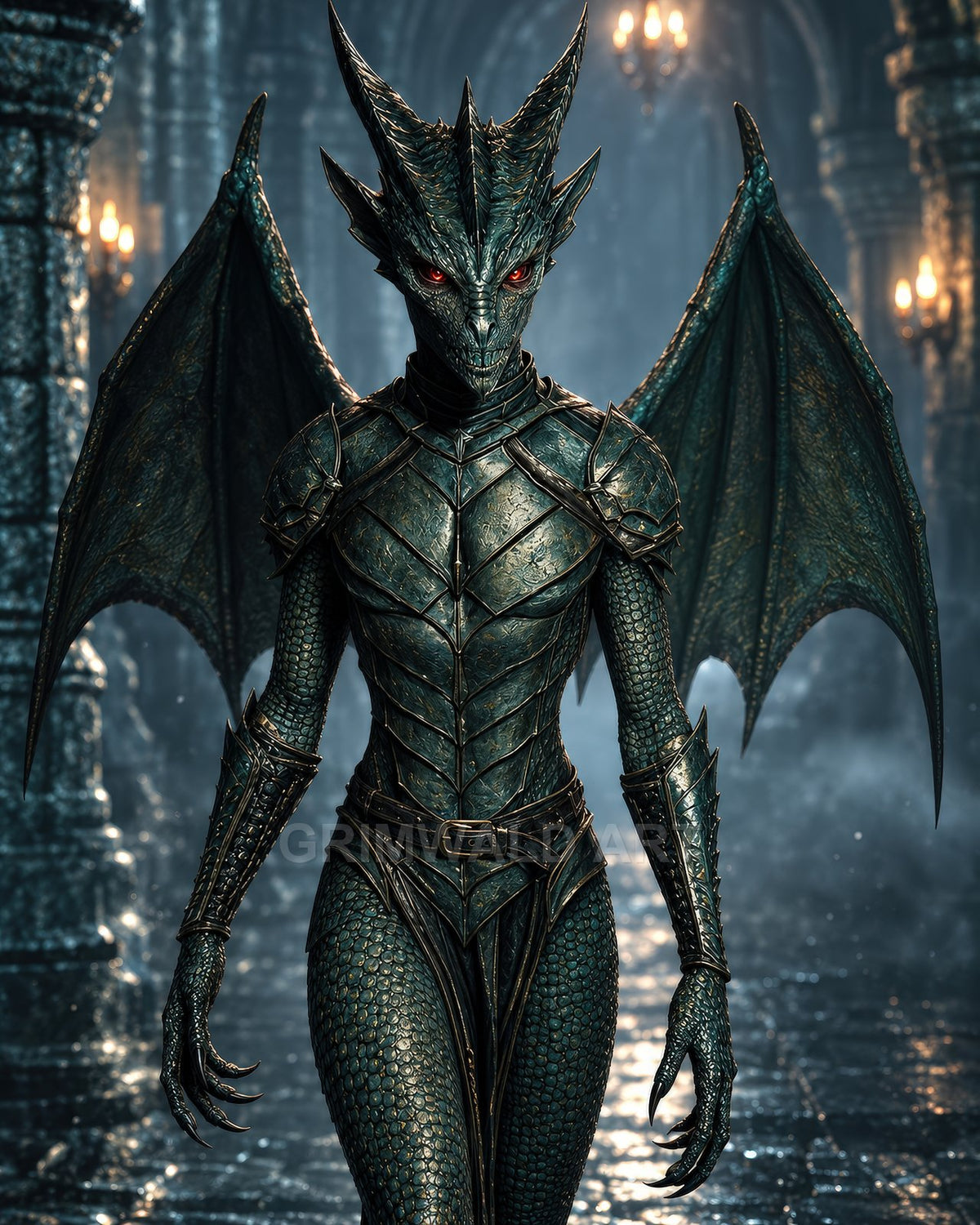 Armoured winged demon with red eyes and teal scales strides through a torchlit gothic cathedral aisle, mist curling along the stone floor.