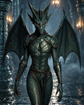 GRID THUMBNAIL — Armoured winged demon with red eyes and teal scales strides through a torchlit gothic cathedral aisle, mist curling along the stone floor.