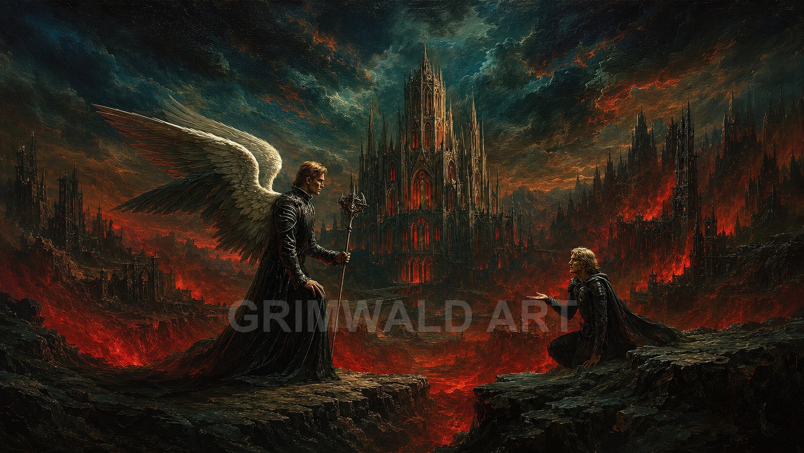 Gothic cathedral glowing red amid volcanic ruins, under stormy night skies, with a winged figure confronting a kneeling traveller across a lava chasm.
