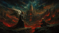 GRID THUMBNAIL — Gothic cathedral glowing red amid volcanic ruins, under stormy night skies, with a winged figure confronting a kneeling traveller across a lava chasm.