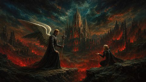 GRID THUMBNAIL — Gothic cathedral glowing red amid volcanic ruins, under stormy night skies, with a winged figure confronting a kneeling traveller across a lava chasm.