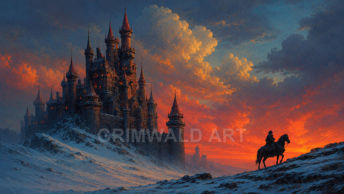 A vast dark stone castle with glowing windows rises over a snowy mountainside as a lone rider crosses the slope beneath a fiery orange sunset.