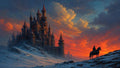 GRID THUMBNAIL — A vast dark stone castle with glowing windows rises over a snowy mountainside as a lone rider crosses the slope beneath a fiery orange sunset.