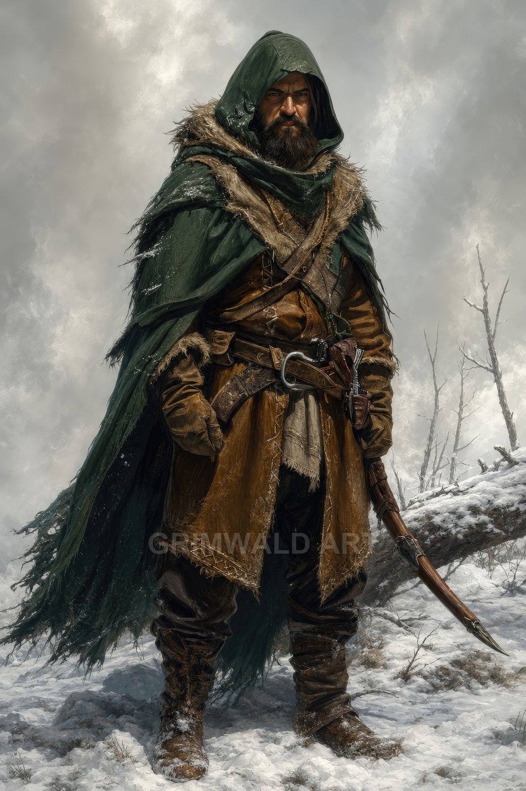 A hooded male ranger in green cloak and leather gear stands in a snowy forest, gripping a bow, under overcast daylight.