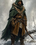 GRID THUMBNAIL — A hooded male ranger in green cloak and leather gear stands in a snowy forest, gripping a bow, under overcast daylight.