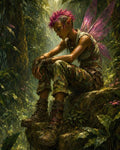 GRID THUMBNAIL — Pensive punk-styled fairy with spiked pink hair and translucent wings sits on a jungle rock amid sunlit, verdant forest foliage.