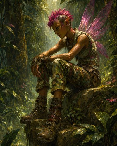 GRID THUMBNAIL — Pensive punk-styled fairy with spiked pink hair and translucent wings sits on a jungle rock amid sunlit, verdant forest foliage.