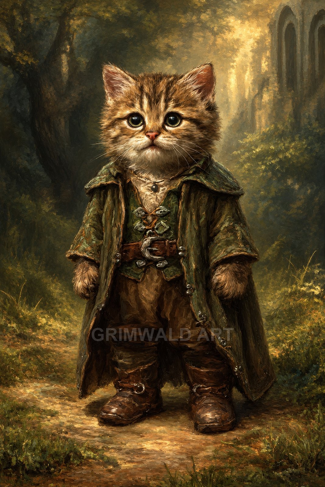 Anthropomorphic kitten in a green cloak and leather boots stands on a sunlit forest path, ancient stone arches fading into the background.