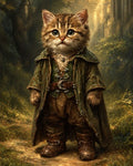 GRID THUMBNAIL — Anthropomorphic kitten in a green cloak and leather boots stands on a sunlit forest path, ancient stone arches fading into the background.