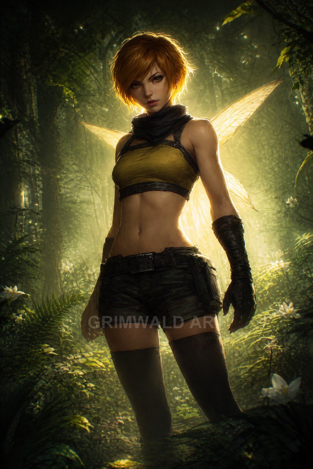 A tough-looking fairy woman with short copper hair and translucent wings stands in a sunlit forest clearing, wearing a crop top, shorts and gloves.